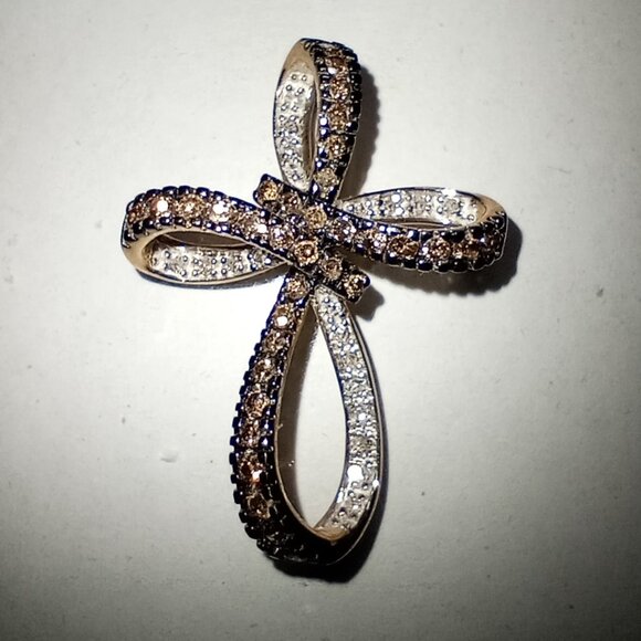 REDUCED!  10Kt Two-Tone Gold Chocolate & White Diamond Open Infinity Cross Slide - Picture 1 of 4